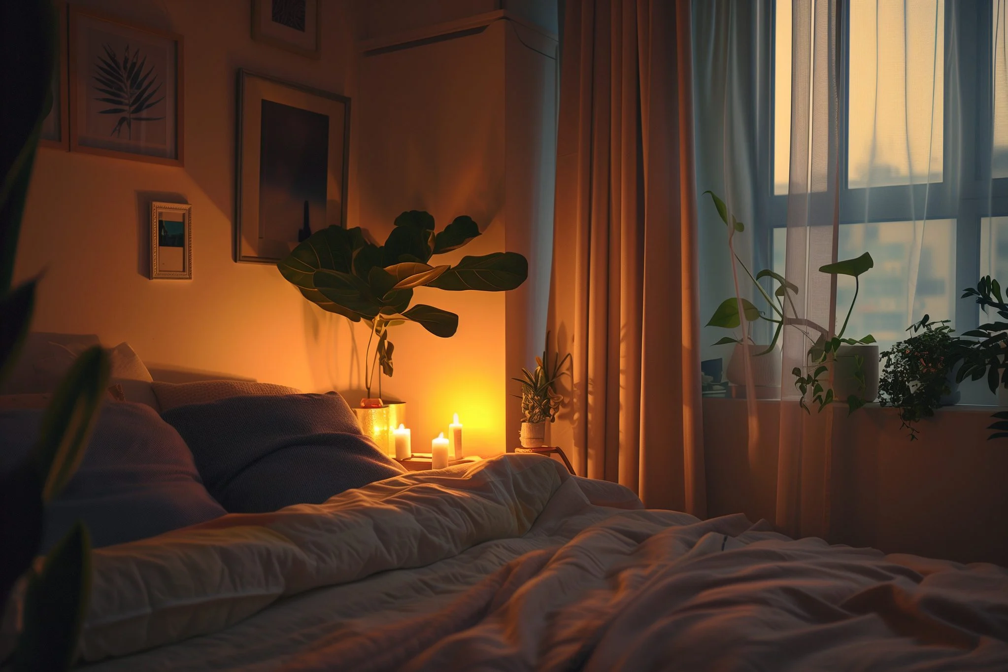 Peaceful evening bedroom environment